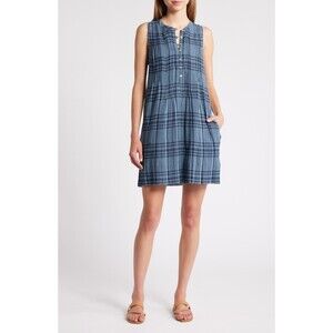 Faherty Isha Pintuck Mini Dress Women's Size Medium Clear Water Navy Blue Plaid